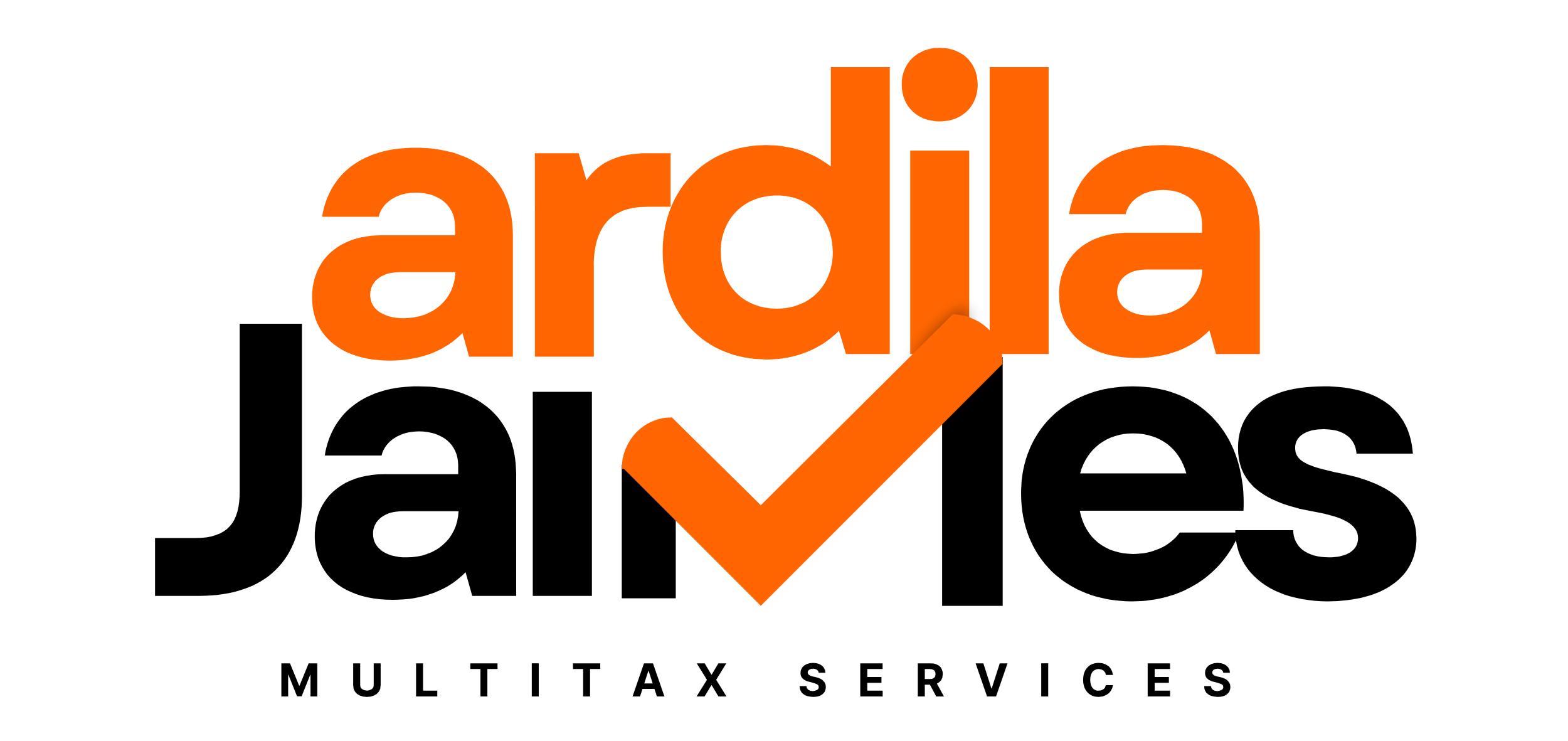 Logo de Ardila Jaimes Multitax Services con tipografía naranja y negra y un símbolo de verificación naranja.