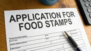 Documento de solicitud para Food Stamps con una pluma encima, ilustrando el servicio de asesoría y asistencia para aplicar a beneficios sociales.