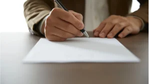 Primer plano de una mano firmando un documento con una pluma, representando la formalización de trámites y acuerdos legales.