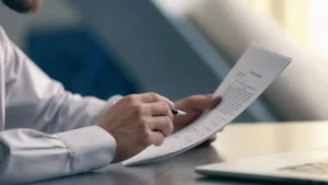 Profesional revisando un documento oficial para traducción, representando servicios de traducción precisa y detallada.